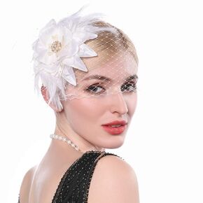 1920 Feather Hair Clip with Birdcage Veil White Flower Feather Fascinators Hats Roaring 20s Headpiece Showgirl Hair Jewelry for Women Girls Tea Party