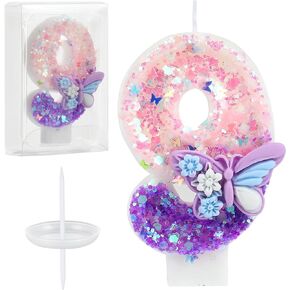 Birthday Number Candles Pink and Purple Butterfly Birthday Candles for Cake Glitter Number 0 Candle Cake Topper with Sequins for Girls and Women Anniversary Celebrations Supplies