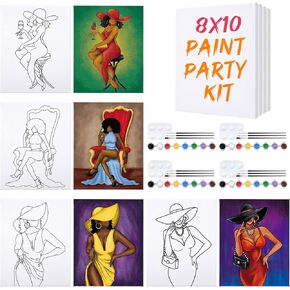 Nuberlic 4 Pack 8x10 Elegant Lady Paint Party Set Pre Drawn Canvas for Painting for Adults Afro Queen Sip and Paint Party Favor Birthday Gift