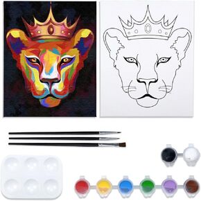 VOCHIC Canvas Painting Kit Pre Drawn Canvas for Painting for Adults Party Kits Paint and Sip Party Supplies 8x10 Canvas to Paint 8 Acrylic Colors,3 Brush,1 Pallet Lioness Paint Art Set