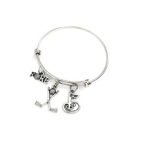 Golf Charm bracelet gift. Includes Fore with a golf ball, Golf Clubs, and the 18th hole golf course charms. Golfer Gift. Golf Lover Expandable Bangle. Golf jewelry.
