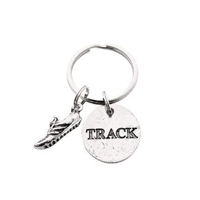 TRACK Round Pewter Pendant Key Chain - Pewter Running Shoe Charm and Round Pewter TRACK Pendant on Round Stainless Steel Key Ring