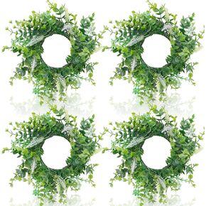 4 Pcs Candle Rings Wreaths 3.1 inch Center Artificial Eucalyptus Candle Ring Small Greenery Wreath Farmhouse Spring Rings Wreaths for Wedding Party Home Pillars Table Door Decorations