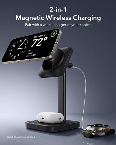قاعدة شحن ESR 2 في 1 لأجهزة Apple، حامل شاحن MagSafe لأجهزة iPhone [معتمد]، محطة شحن Magsafe لأجهزة متعددة iPhone 15/14/13/12، وساعة Apple، وAirPods، أسود in Saudi Arabia