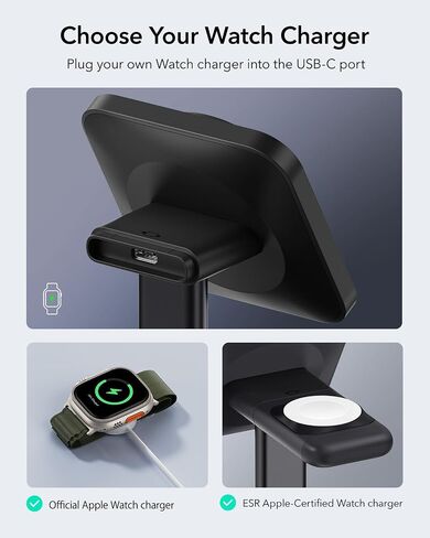 قاعدة شحن ESR 2 في 1 لأجهزة Apple، حامل شاحن MagSafe لأجهزة iPhone [معتمد]، محطة شحن Magsafe لأجهزة متعددة iPhone 15/14/13/12، وساعة Apple، وAirPods، أسود in Saudi Arabia