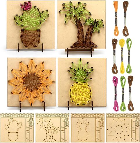 Janlaugh Set of 4 Summer String Art Kit Palm Trees Cactus Sunflowers Pineapple String Art Craft Wood Box Sign Make Your Own String Art Board with Stand Pins and Yarn DIY Activity Kits for Adults Kids in Saudi Arabia