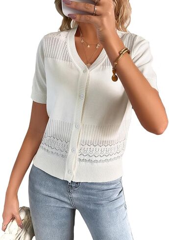 Kate Kasin Women's 2024 Cropped Cardigans Sweater Lightweight V Neck Short Sleeve Button Down Crochet Hollow Out Shrugs Top in Saudi Arabia