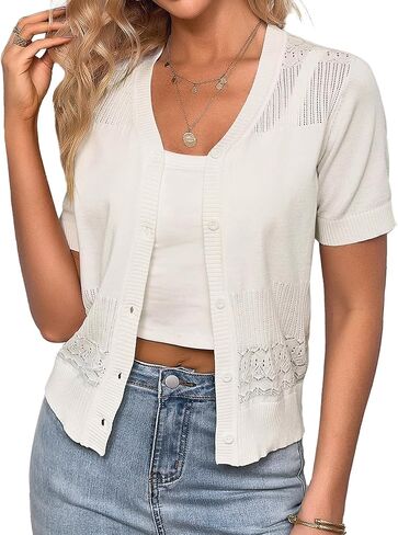 Kate Kasin Women's 2024 Cropped Cardigans Sweater Lightweight V Neck Short Sleeve Button Down Crochet Hollow Out Shrugs Top in Saudi Arabia
