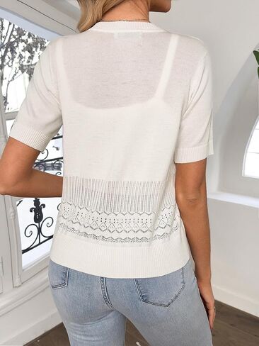 Kate Kasin Women's 2024 Cropped Cardigans Sweater Lightweight V Neck Short Sleeve Button Down Crochet Hollow Out Shrugs Top in Saudi Arabia