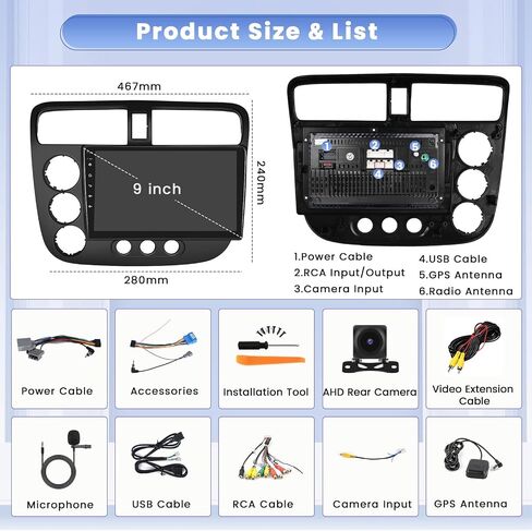 لسيارة Honda Civic 2001-2005 Android 13 Car StereoWireless Apple Carplay، 8 Core 4+64GB 9 بوصة IPS تعمل باللمس Android Auto Radio مع 59 سمة تخصيص التطبيقات ودعم نظام تحديد المواقع العالمي (GPS) in Kuwait