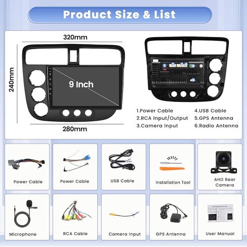 لسيارة Honda Civic 2001-2005 Android 13 Car StereoWireless Apple Carplay، 8 Core 4+64GB 9 بوصة IPS تعمل باللمس Android Auto Radio مع 59 سمة تخصيص التطبيقات ودعم نظام تحديد المواقع العالمي (GPS) in Kuwait