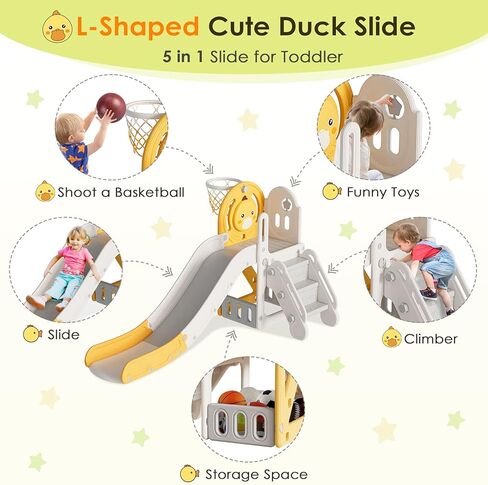 5 in 1 Toddler Slide, Slide for Toddlers Age 1-3 with Basketball Hoop and Ball, Slide for Kids, Indoor Outdoor Backyard Playground Cute Duck Theme Baby Slide Toy in Saudi Arabia