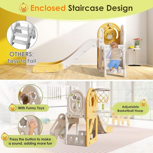 5 in 1 Toddler Slide, Slide for Toddlers Age 1-3 with Basketball Hoop and Ball, Slide for Kids, Indoor Outdoor Backyard Playground Cute Duck Theme Baby Slide Toy in Saudi Arabia