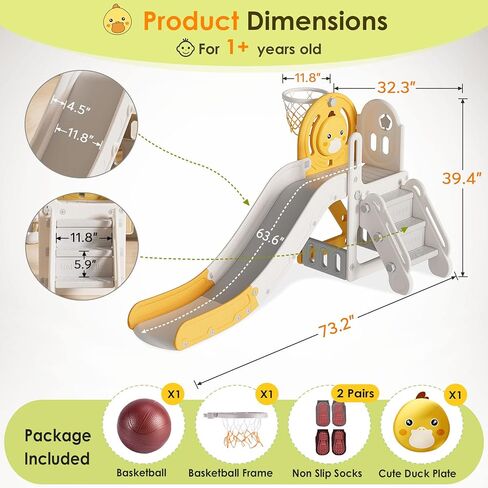 5 in 1 Toddler Slide, Slide for Toddlers Age 1-3 with Basketball Hoop and Ball, Slide for Kids, Indoor Outdoor Backyard Playground Cute Duck Theme Baby Slide Toy in Saudi Arabia