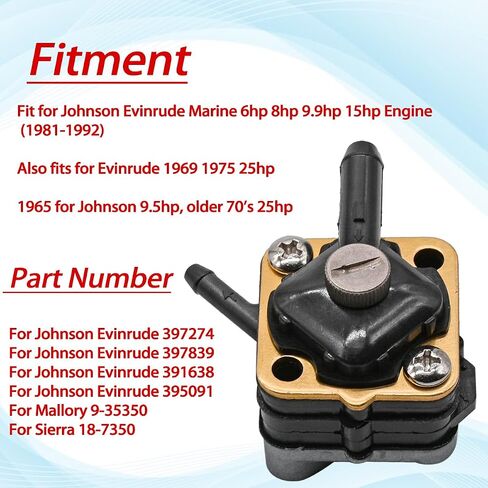 مضخة الوقود 18-7350 لجونسون Evinrude 397839 391638 395091 397274 لسييرا 18-7350 لمالوري 9-35350 فرس البحر خارجي 6hp 8hp 9.9hp 15hp 1981-1992 محرك المحرك in Saudi Arabia