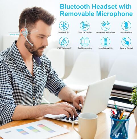 iDIGMALL Bluetooth 5.3 Headset w/Magnetic Detachable Microphone, Light Open Ear Wireless Headphone w/DSP Noise Canceling Mic for Phone PC Laptop, Comfort for Office Meeting Home Work, 12H Playtime in Saudi Arabia