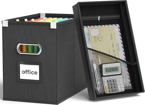 Huolewa File Organizer Box with Lid, Collapsible Hanging File Box Organizer for Letter Size Files, Decorative Black Document Filing Storage Box Organizer with Metal Slide for Office/Home -Box Only in Saudi Arabia