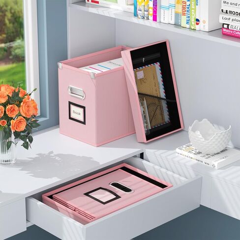 Huolewa File Organizer Box with Lid, Collapsible Hanging File Box Organizer for Letter Size Files, Decorative Black Document Filing Storage Box Organizer with Metal Slide for Office/Home -Box Only in Saudi Arabia
