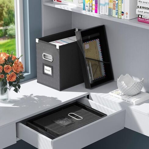Huolewa File Organizer Box with Lid, Collapsible Hanging File Box Organizer for Letter Size Files, Decorative Black Document Filing Storage Box Organizer with Metal Slide for Office/Home -Box Only in Saudi Arabia