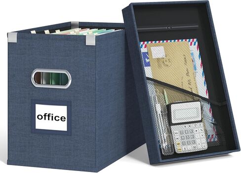 Huolewa File Organizer Box with Lid, Collapsible Hanging File Box Organizer for Letter Size Files, Decorative Black Document Filing Storage Box Organizer with Metal Slide for Office/Home -Box Only in Saudi Arabia