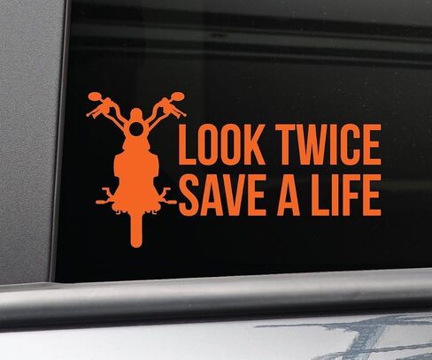 ملصق نافذة ممتص الصدمات من الفينيل لدراجة نارية Look Twice Save a Life للكمبيوتر المحمول والسيارة والشاحنة، مقاس 8.5 بوصة × 4.5 بوصة (برتقالي) in Saudi Arabia