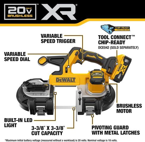 المنشار الحزامي DEWALT 20V MAX XR، محرك بدون فرش، محمول ولاسلكي، سعة القطع 3-3/8 بوصة، أداة عارية فقط (DCS378B) in Saudi Arabia