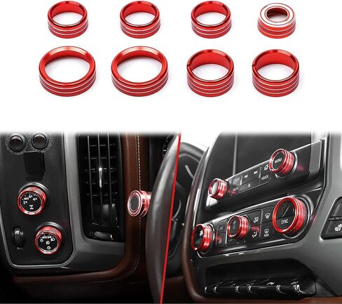 Enovorld Interior Decorated Button Knob Covers Compatible with Chevy Silverado & GMC Sierra 2014 2015 2016 2017 2018, 4WD Temp Air Conditioner AC Switch Audio CD Aluminum Alloy Knob Ring (Red,8pcs) in Saudi Arabia