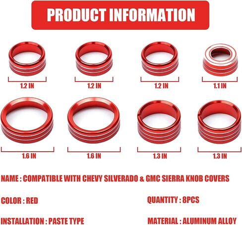 Enovorld Interior Decorated Button Knob Covers Compatible with Chevy Silverado & GMC Sierra 2014 2015 2016 2017 2018, 4WD Temp Air Conditioner AC Switch Audio CD Aluminum Alloy Knob Ring (Red,8pcs) in Saudi Arabia