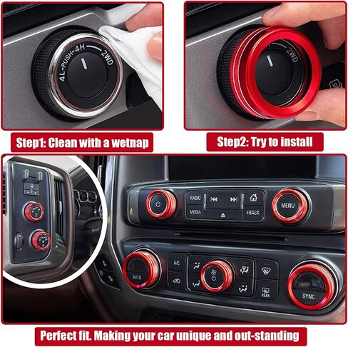 Enovorld Interior Decorated Button Knob Covers Compatible with Chevy Silverado & GMC Sierra 2014 2015 2016 2017 2018, 4WD Temp Air Conditioner AC Switch Audio CD Aluminum Alloy Knob Ring (Red,8pcs) in Saudi Arabia