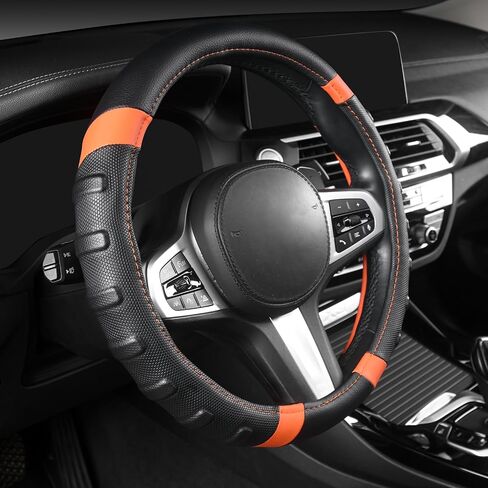 AUTOYOUTH car Steering Wheel Cover, Anti-slip Microfiber Leather Universal Fit for Car, SUV, Truck Heavy Duty, Anti-Slip, Excellent Grip Standard Size 15 inch, Orange/Black (BLACK) in Saudi Arabia
