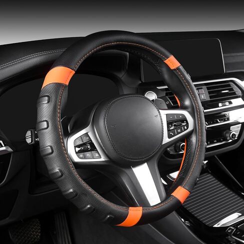 AUTOYOUTH car Steering Wheel Cover, Anti-slip Microfiber Leather Universal Fit for Car, SUV, Truck Heavy Duty, Anti-Slip, Excellent Grip Standard Size 15 inch, Orange/Black (BLACK) in Saudi Arabia