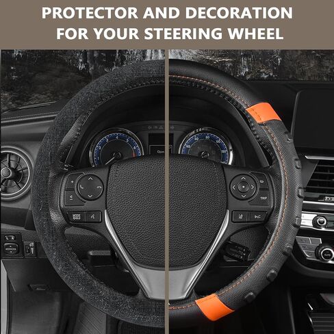 AUTOYOUTH car Steering Wheel Cover, Anti-slip Microfiber Leather Universal Fit for Car, SUV, Truck Heavy Duty, Anti-Slip, Excellent Grip Standard Size 15 inch, Orange/Black (BLACK) in Saudi Arabia