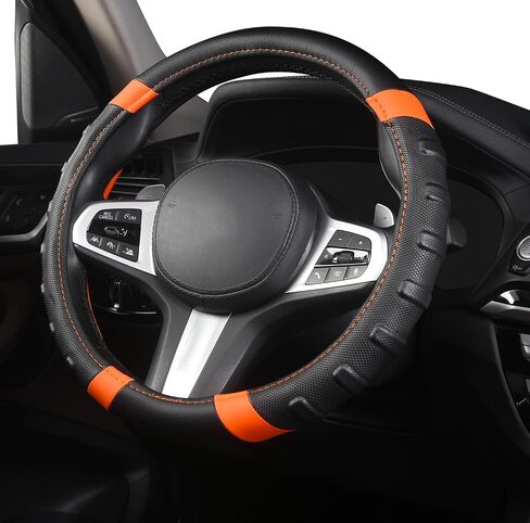 AUTOYOUTH car Steering Wheel Cover, Anti-slip Microfiber Leather Universal Fit for Car, SUV, Truck Heavy Duty, Anti-Slip, Excellent Grip Standard Size 15 inch, Orange/Black (BLACK) in Saudi Arabia