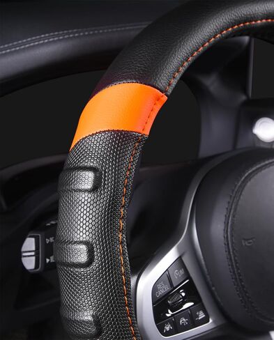 AUTOYOUTH car Steering Wheel Cover, Anti-slip Microfiber Leather Universal Fit for Car, SUV, Truck Heavy Duty, Anti-Slip, Excellent Grip Standard Size 15 inch, Orange/Black (BLACK) in Saudi Arabia