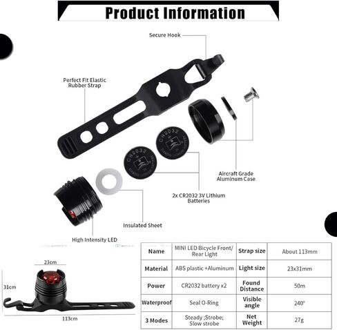 قطعتان من ضوء خلفي للدراجة مزود بشريط صغير مزود بمصابيح LED للدراجة الصغيرة، رؤية 180 درجة - أمان من جميع الجوانب in Kuwait