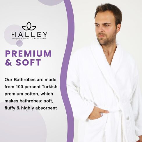 HALLEY Luxury Bathrobe for Women & Men, Shawl Collar Spa Bath Robes Terry Cotton Ultra Soft Shower Robe with Pockets in Saudi Arabia