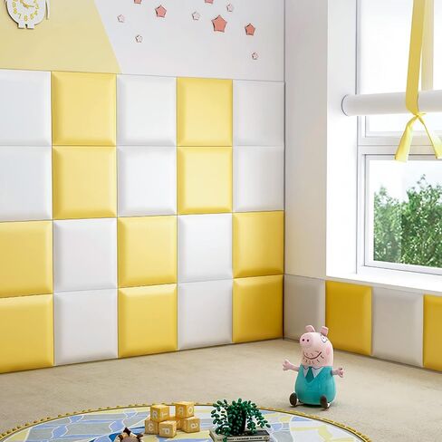 Anti-Collision Wall Padding for Kids, 11.8" X 11.8" Upholstered Wall Panels Headboard, Peel and Stick 3D Wall Panel, Tatami Nursery Playroom Protection Wall Stickers (Yellow, 4) in Saudi Arabia