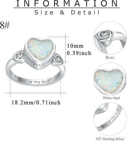 خاتم جرة القلب للرماد 925 من الفضة الاسترليني الوردي أوبال حرق جرة الجرة يحمل رمادًا تذكاريًا محبوبًا مجوهرات رماد تذكارية للنساء والفتيات مقاس 7-9 in Kuwait