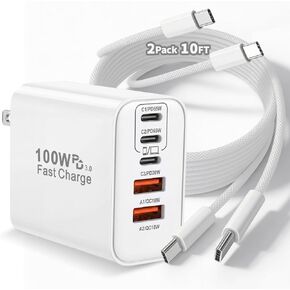 شاحن USB C بقوة 100 واط لهاتف iPhone 17 16 15 شحن سريع، 2 كابل منسوج من النوع C بطول 10 أقدام وشاحن هاتف i مكون من 5 منافذ شحن سريع لهاتف iPhone 17 Pro/17 Pro Max/Air/16 Pro Max/15 Plus/iPad Pro/Air in Kuwait