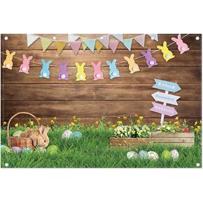 ZTHMOE 5x7ft Durable Fabric Spring Easter Photography Backdrop Rabbit Eggs Wooden Wall Flowers Grass Background Bunny Flag Portrait Photo Booth Props in Kuwait