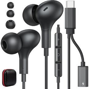 سماعات أذن سلكية USB C مع محول شاحن USBC، 2 في 1 HiFi Plug in Ear Buds Type C سلك خالٍ من التشابك لهاتف iPhone 15 16 16e 17 Galaxy S26 S25 S24 S23 لـ Google/Pixel 10 10a أسود in Kuwait