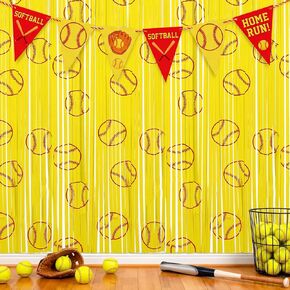 Tingjoo 2 Pack Softball Birthday Party Decorations 3.3 x 6.6 ft Softball Tinsel Foil Fringe Curtain Backdrop Door Streamers Banner Sport Photo Props Backdrop for Sport Event Birthday Party Supplies in Kuwait