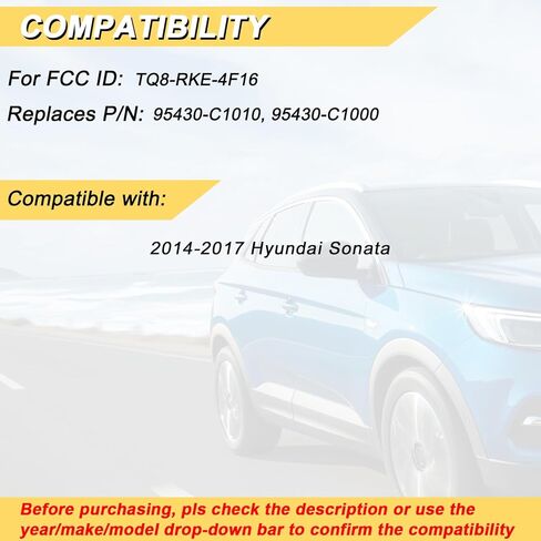 Vurkcy Key Fob Replacement for 2014-2017 Hyundai Sonata Car Keyless Entry Remote Control, TQ8-RKE-4F16, 4 Buttons in Kuwait