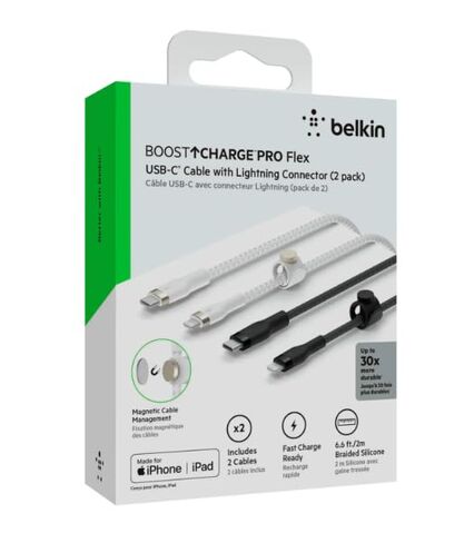 حزمة كابل Belkin BOOSTCHARGE PRO Flex 2-Pack للشحن السريع USB-C إلى Lightning in Kuwait