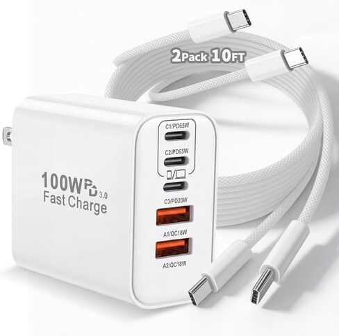 100W USB C iPhone 17 16 15 Charger Fast Charging,2-Pack 10Foot Type C Woven Cable and 1-Pack 5-Port i Phone Charger Fast Charging Block for iPhone 17 Pro/17 Pro Max/Air/16 Pro Max/15 Plus/iPad Pro/Air in Kuwait