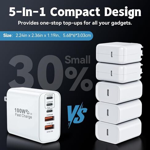 100W USB C iPhone 17 16 15 Charger Fast Charging,2-Pack 10Foot Type C Woven Cable and 1-Pack 5-Port i Phone Charger Fast Charging Block for iPhone 17 Pro/17 Pro Max/Air/16 Pro Max/15 Plus/iPad Pro/Air in Kuwait