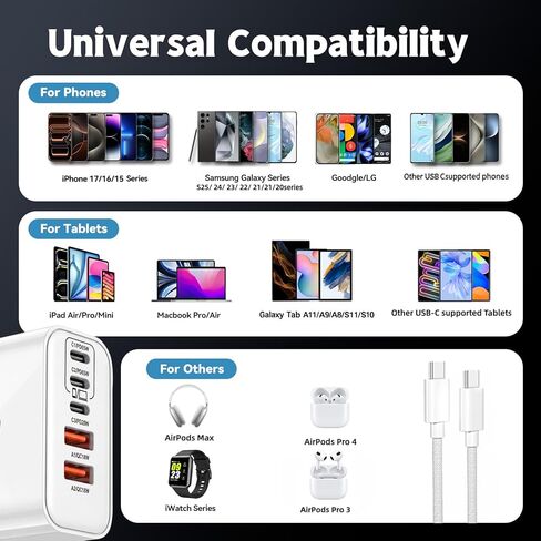 100W USB C iPhone 17 16 15 Charger Fast Charging,2-Pack 10Foot Type C Woven Cable and 1-Pack 5-Port i Phone Charger Fast Charging Block for iPhone 17 Pro/17 Pro Max/Air/16 Pro Max/15 Plus/iPad Pro/Air in Kuwait