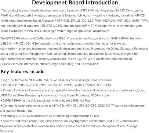لوحة تطوير ESP32-P4-WIFI6 مع رأس ملحوم مسبقًا، استنادًا إلى ESP32-P4 وESP32-C6، تدعم Wi-Fi 6 وBLE 5، وتدعم تفاعل الكلام AI (مع كاميرا ومكبر صوت OV5647، 6 عناصر) in Kuwait