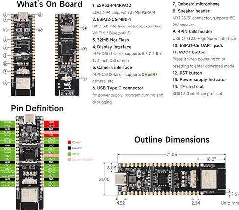 لوحة تطوير ESP32-P4-WIFI6 مع رأس ملحوم مسبقًا، استنادًا إلى ESP32-P4 وESP32-C6، تدعم Wi-Fi 6 وBLE 5، وتدعم تفاعل الكلام AI (مع كاميرا ومكبر صوت OV5647، 6 عناصر) in Kuwait