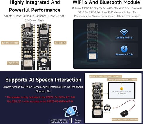 لوحة تطوير ESP32-P4-WIFI6 مع رأس ملحوم مسبقًا، استنادًا إلى ESP32-P4 وESP32-C6، تدعم Wi-Fi 6 وBLE 5، وتدعم تفاعل الكلام AI (مع كاميرا ومكبر صوت OV5647، 6 عناصر) in Kuwait